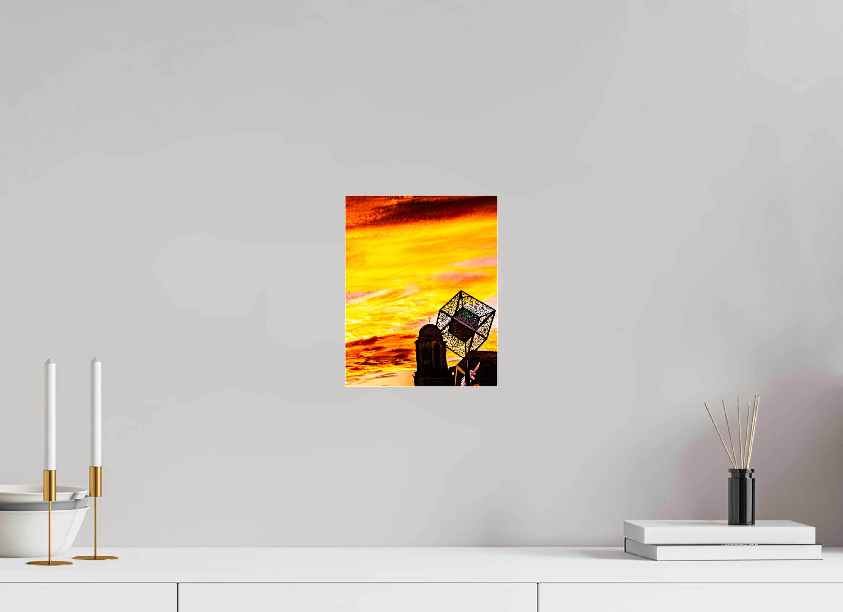 8 x 10″, Photo Print Under Acrylic Glass Fiery Sunset over Salt Lake City Church and Sculpture