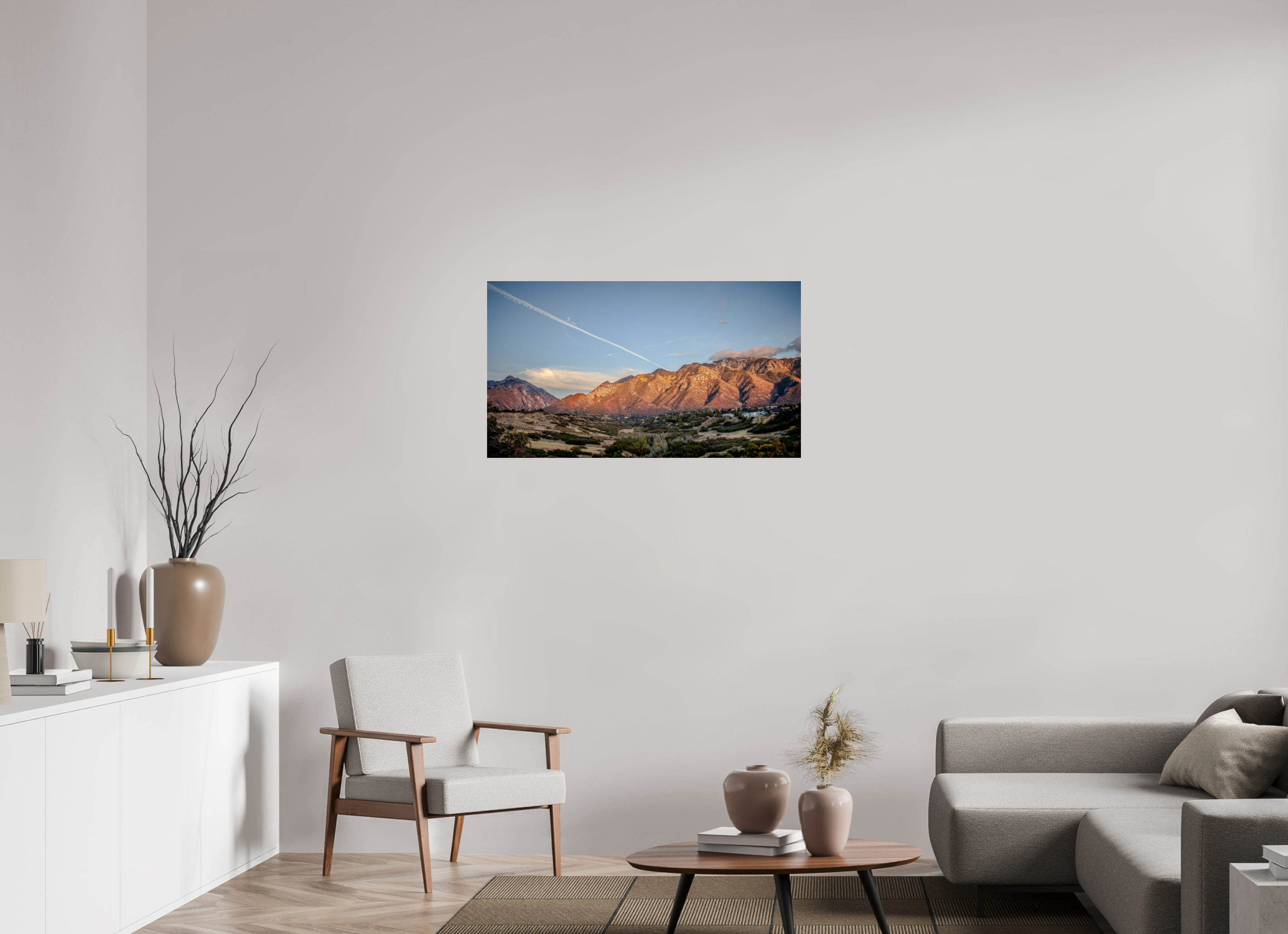40 x 22.5″, Photo Print Under Acrylic Glass Alpenglow on Wasatch Mountains with Jet Contrail