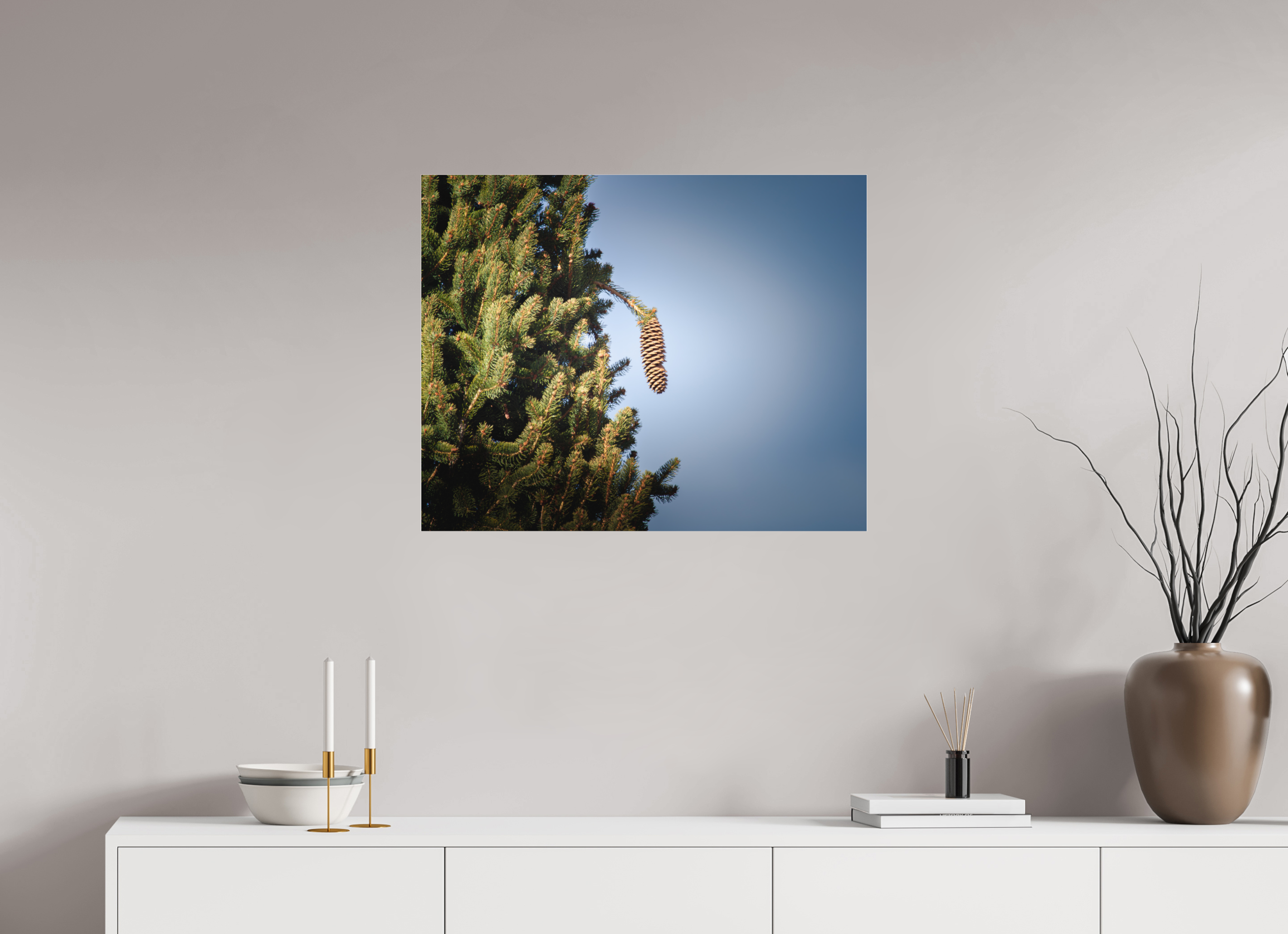 30 x 24″, Photo Print Under Acrylic Glass Single Pinecone Hanging on Evergreen Branch Salt Lake City