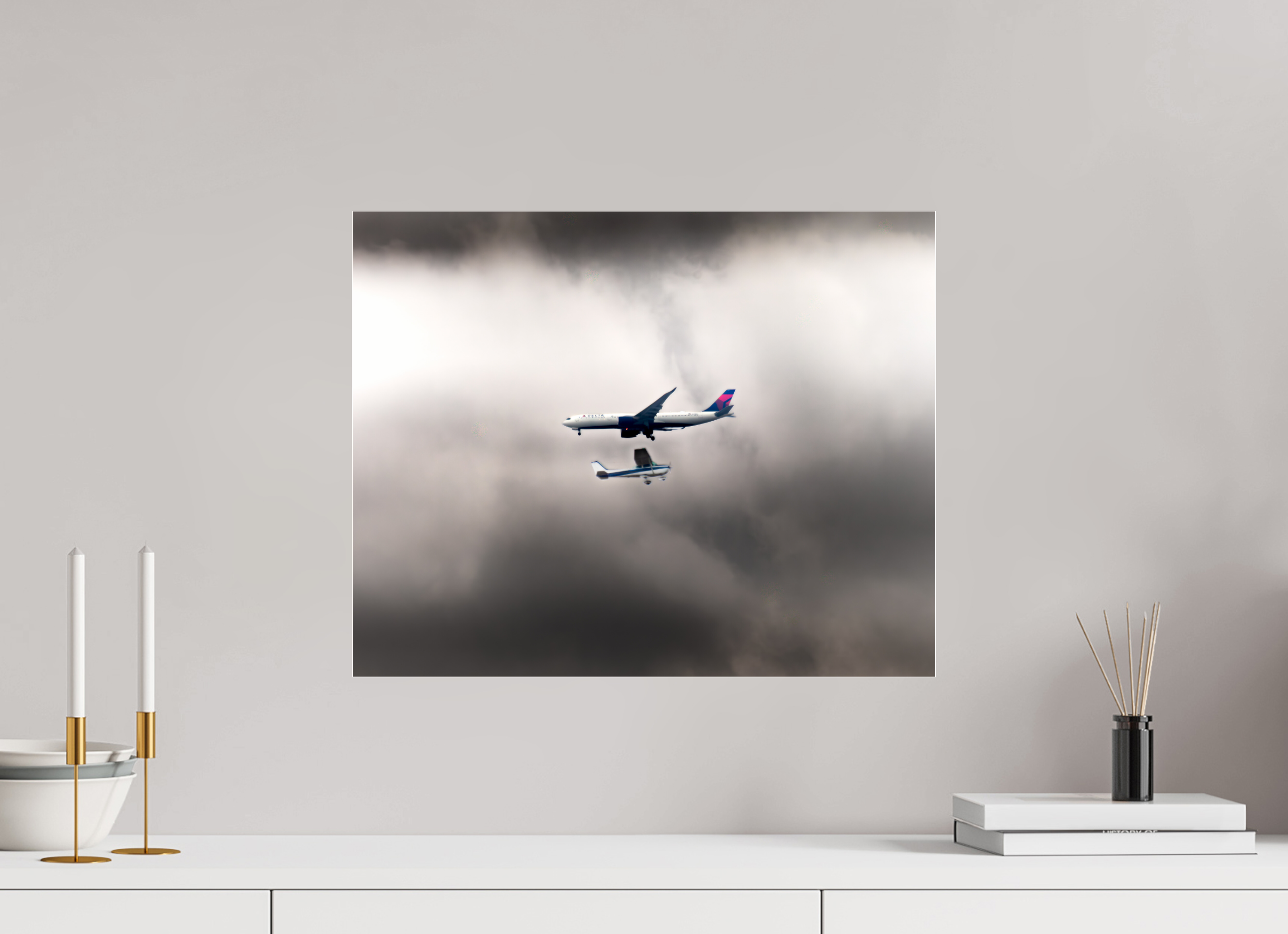 20 x 16″, Photo Print Under Acrylic Glass Delta Jet and Cessna Propeller Plane Stormy Sky West Jordan