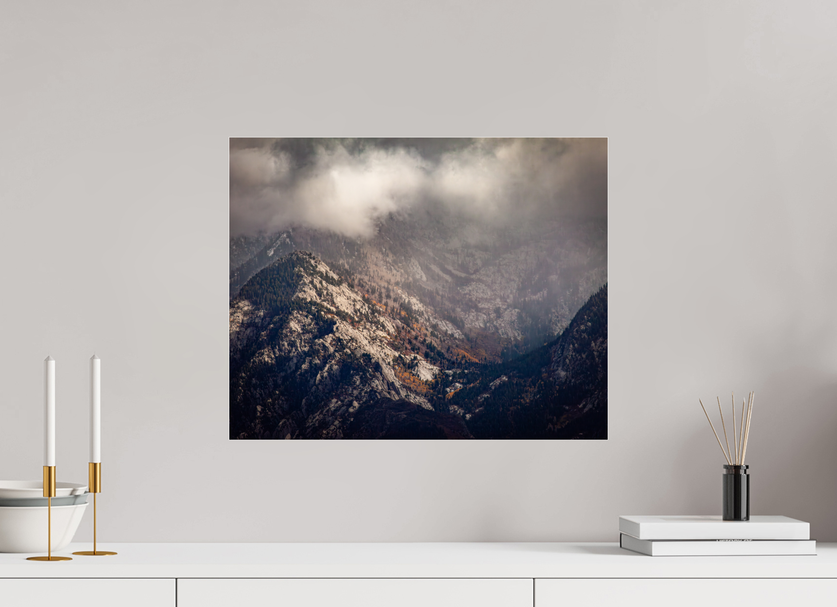 20 x 16″, Photo Print Under Acrylic Glass Moody Autumn Mist Over Wasatch Granite Peaks