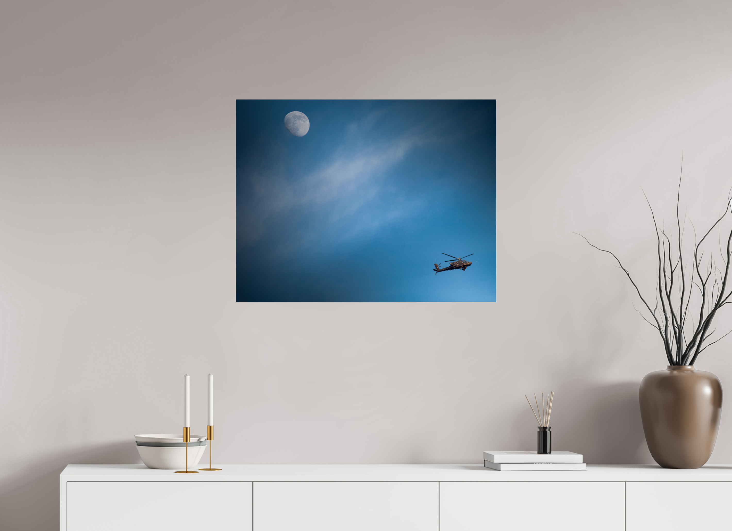 30.9 x 24″, Photo Print Under Acrylic Glass AH-64 Apache Military Helicopter and Moon West Jordan Utah