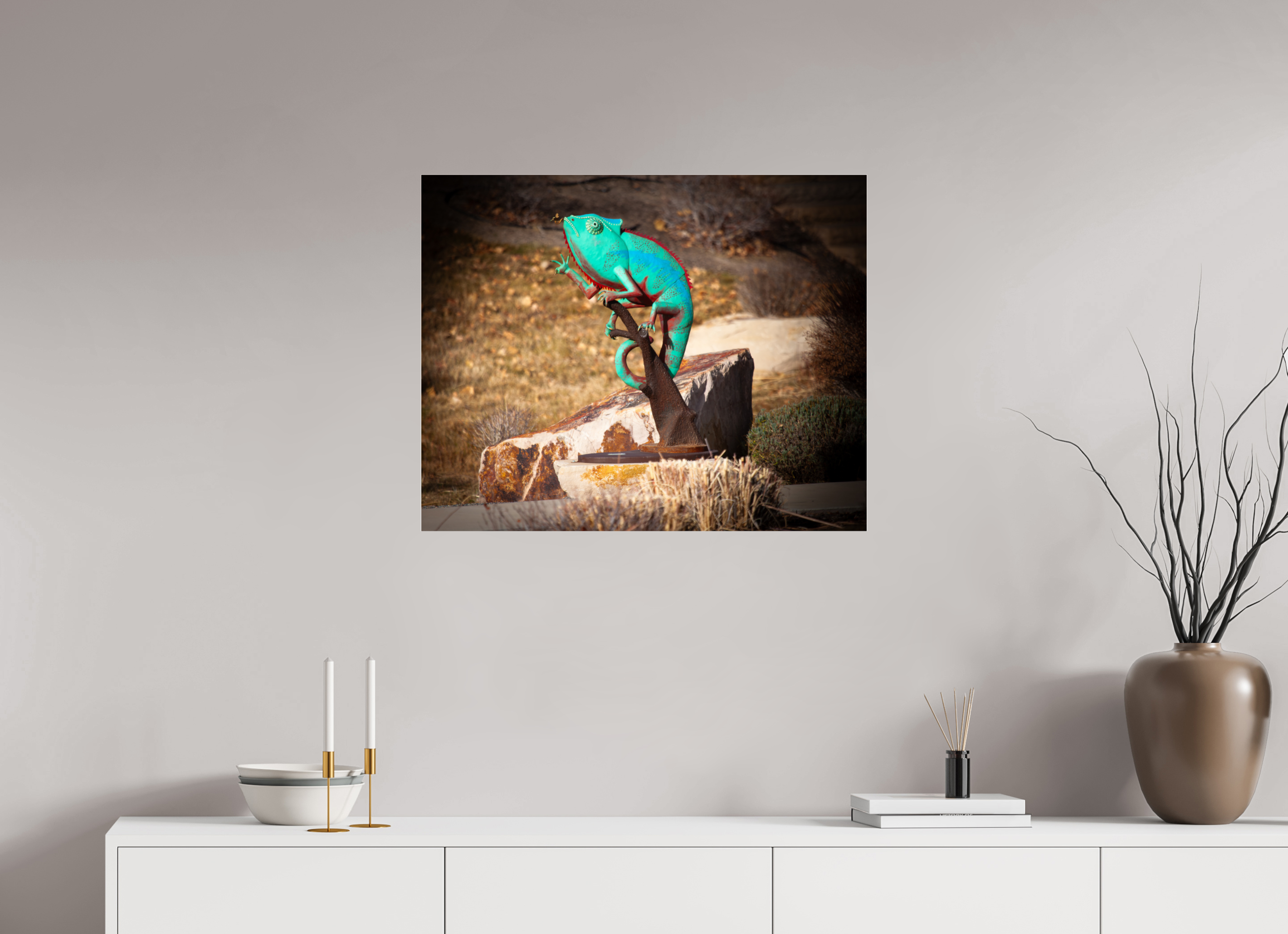 30 x 24″, Photo Print Under Acrylic Glass Teal Metal Chameleon Garden Sculpture Salt Lake City