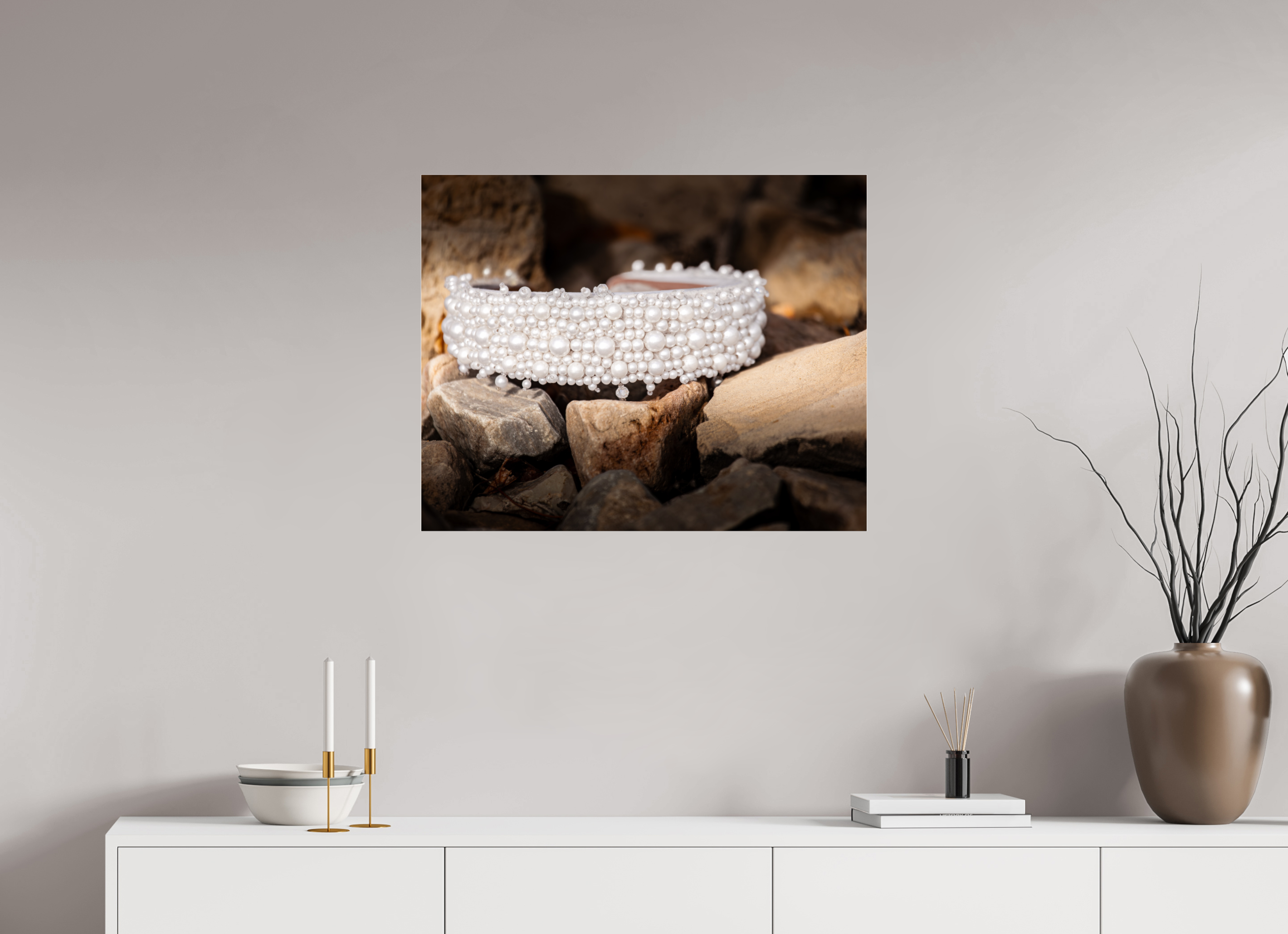 30 x 24″, Photo Print Under Acrylic Glass Pearl Bridal Headband on Rugged Rocks Salt Lake City