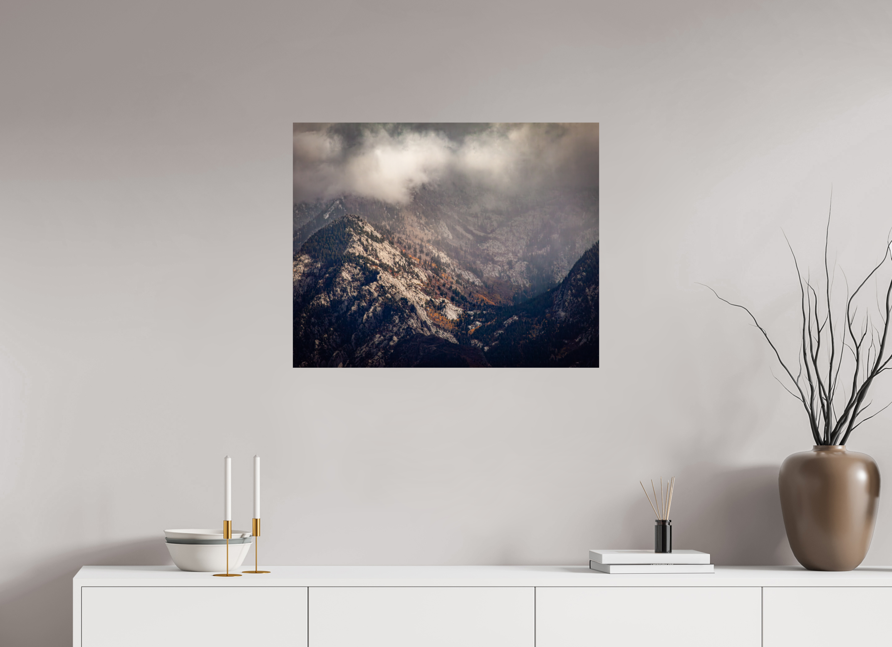 30 x 24″, Photo Print On Fuji Crystal DP II Moody Autumn Mist Over Wasatch Granite Peaks