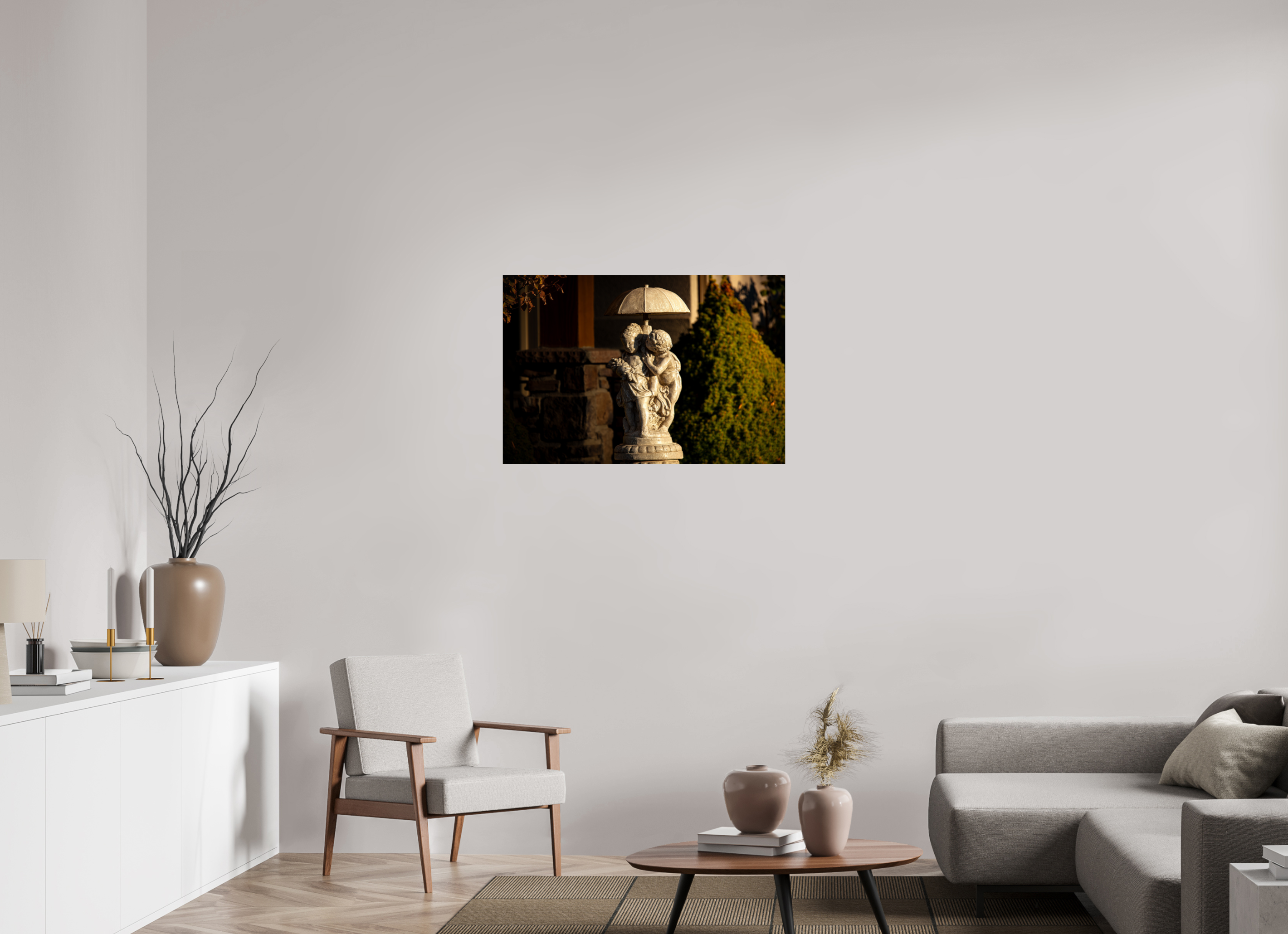 36 x 24″, Photo Print Under Acrylic Glass Children Under Umbrella Garden Statue Salt Lake City