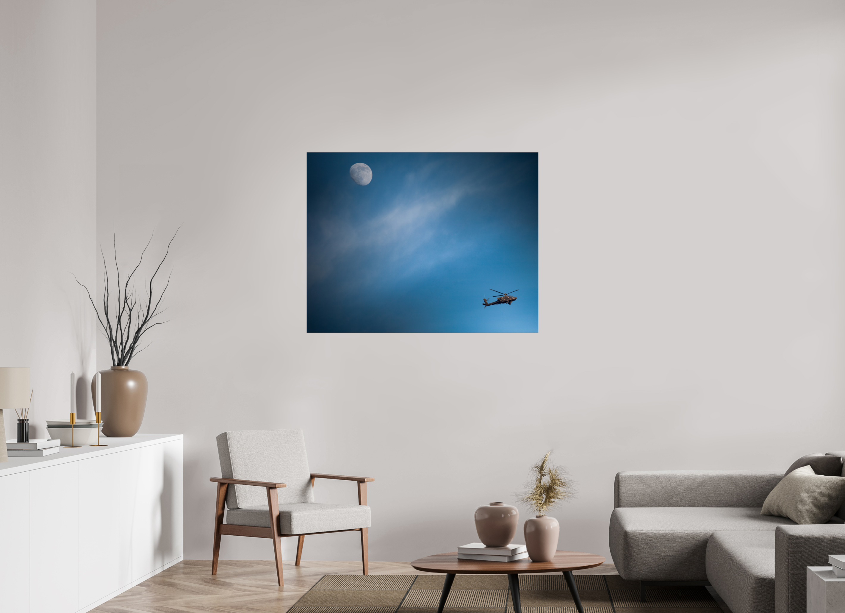 45 x 35″, Photo Print Under Acrylic Glass AH-64 Apache Military Helicopter and Moon West Jordan Utah
