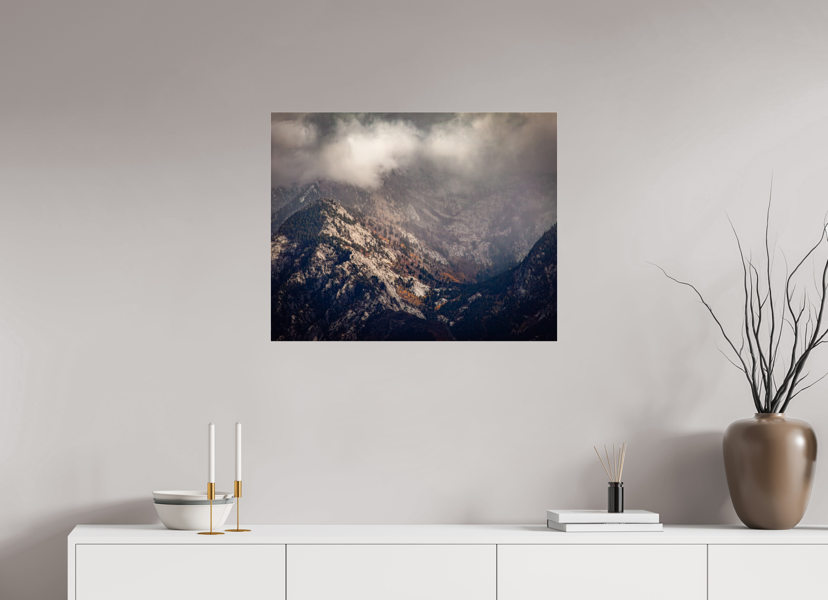 30 x 24″, Photo Print Under Acrylic Glass Moody Autumn Mist Over Wasatch Granite Peaks