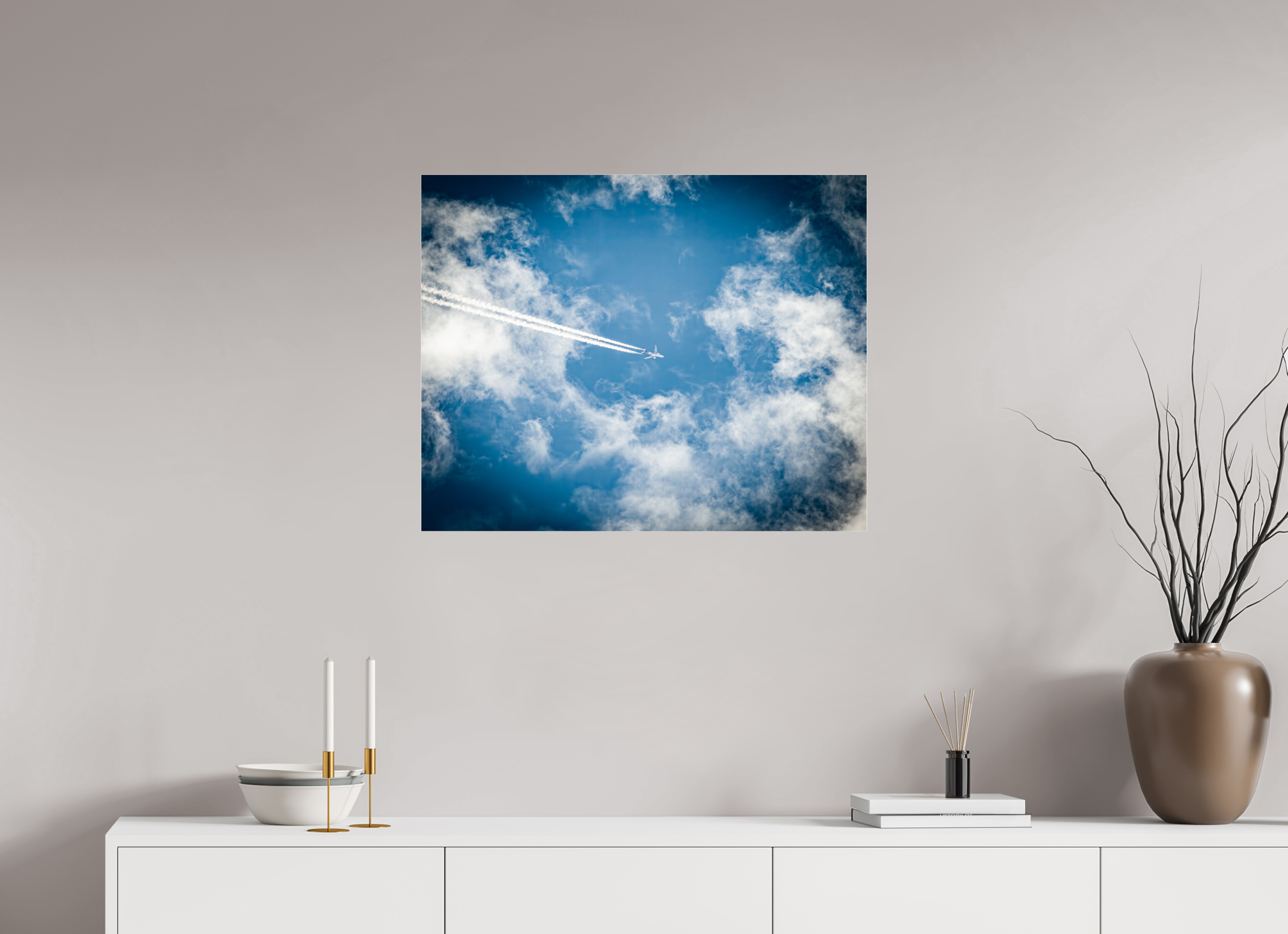 30 x 24″, Photo Print Under Acrylic Glass High-Altitude Jet with Contrails and Wispy Clouds SLC
