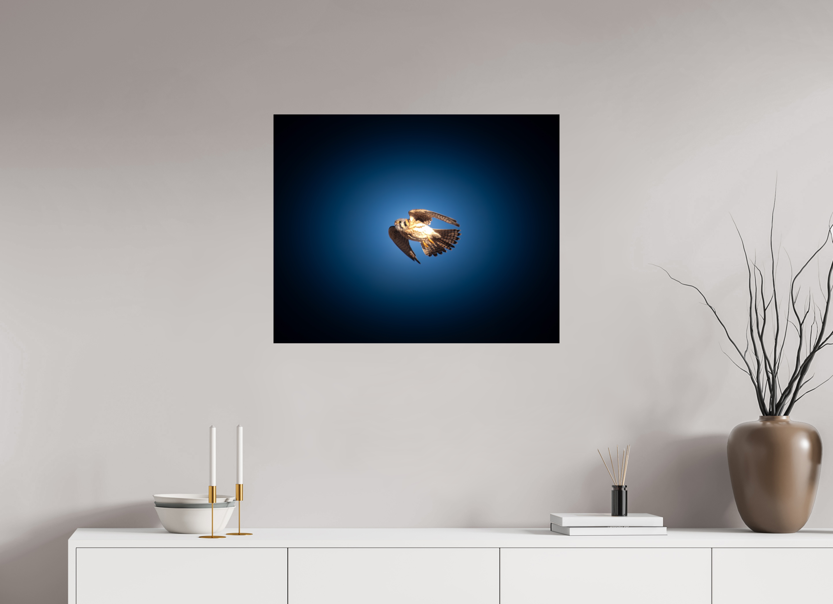30 x 24″, Photo Print On Fuji Crystal DP II American Kestrel Soaring in Moody Blue Sky Salt Lake City