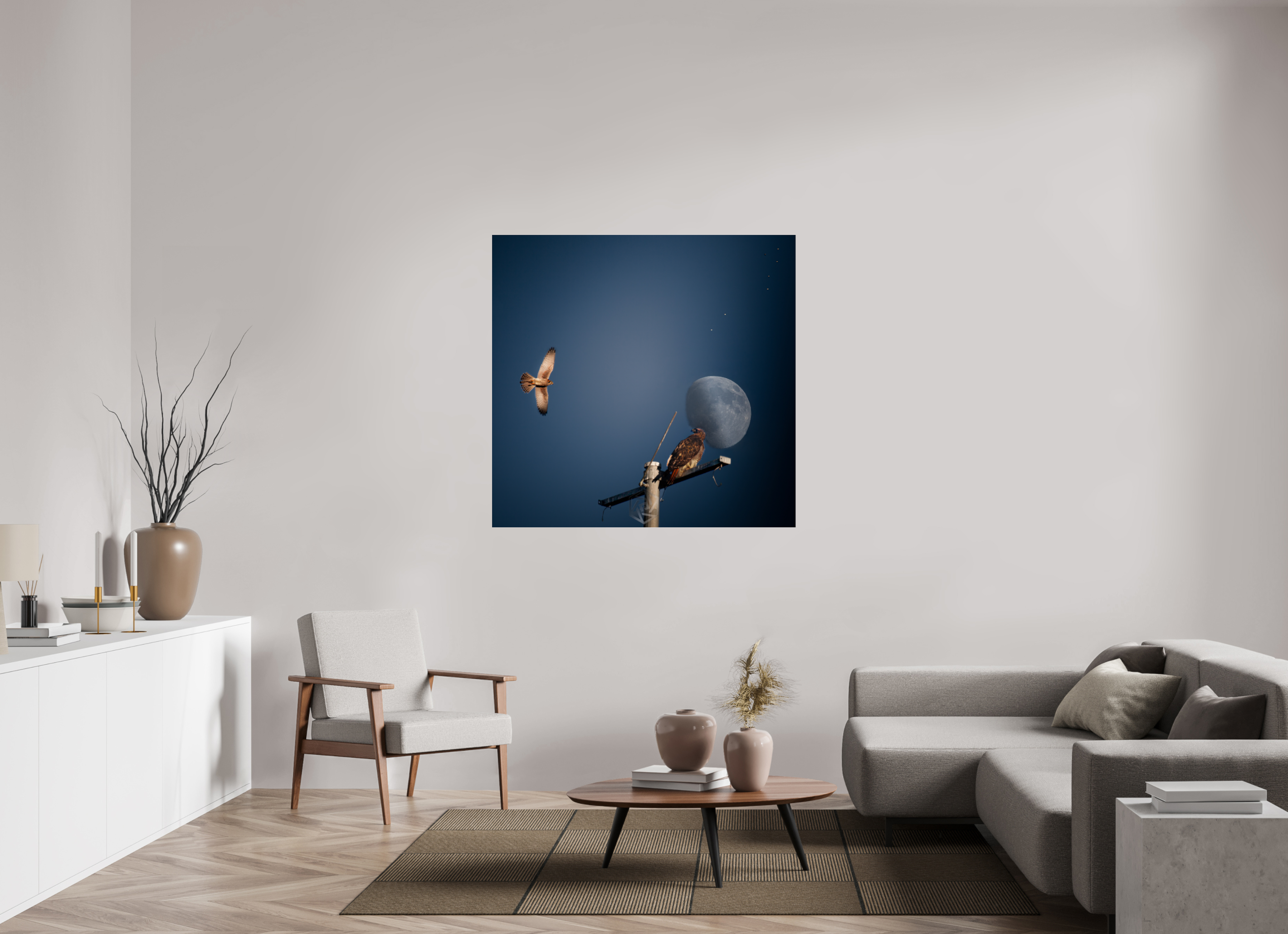 48.8 x 47″, Photo Print Under Acrylic Glass Raptors and Giant Moon over Salt Lake City