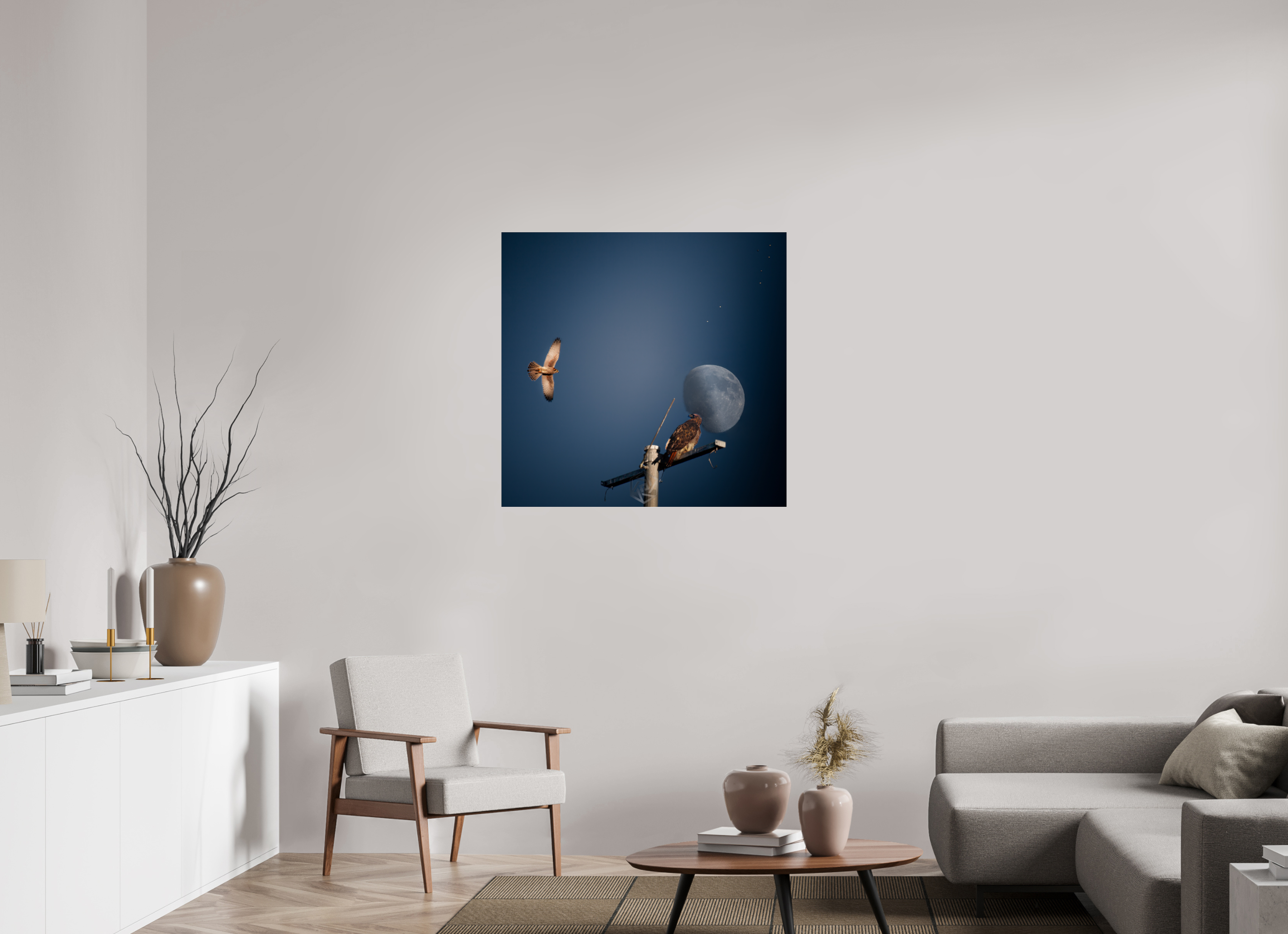 36.3 x 35″, Photo Print Under Acrylic Glass Raptors and Giant Moon over Salt Lake City