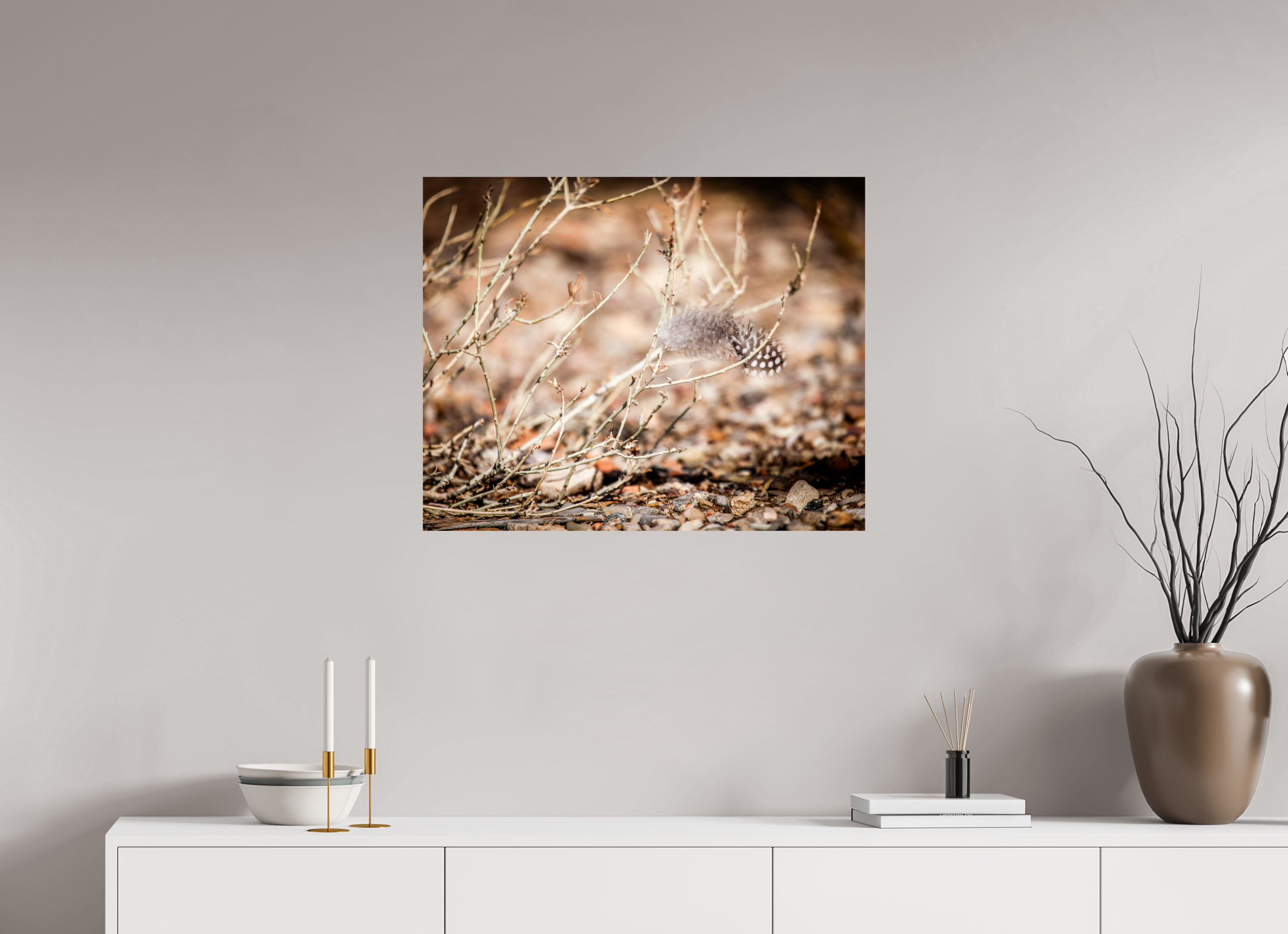 30 x 24″, Photo Print On Fuji Crystal DP II Spotted Towhee Feather on Winter Shrub Salt Lake City