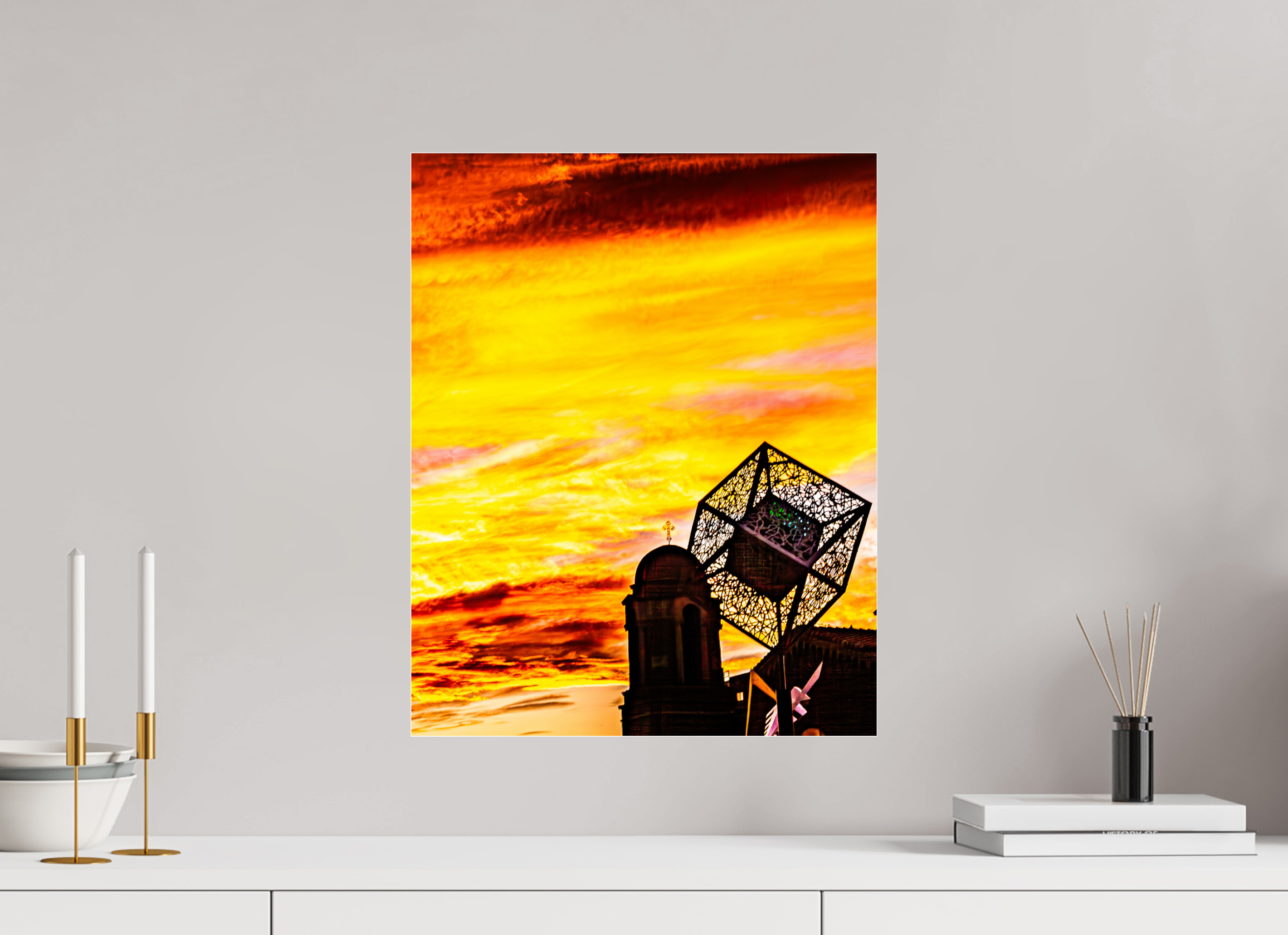 16 x 20″, Photo Print Under Acrylic Glass Fiery Sunset over Salt Lake City Church and Sculpture