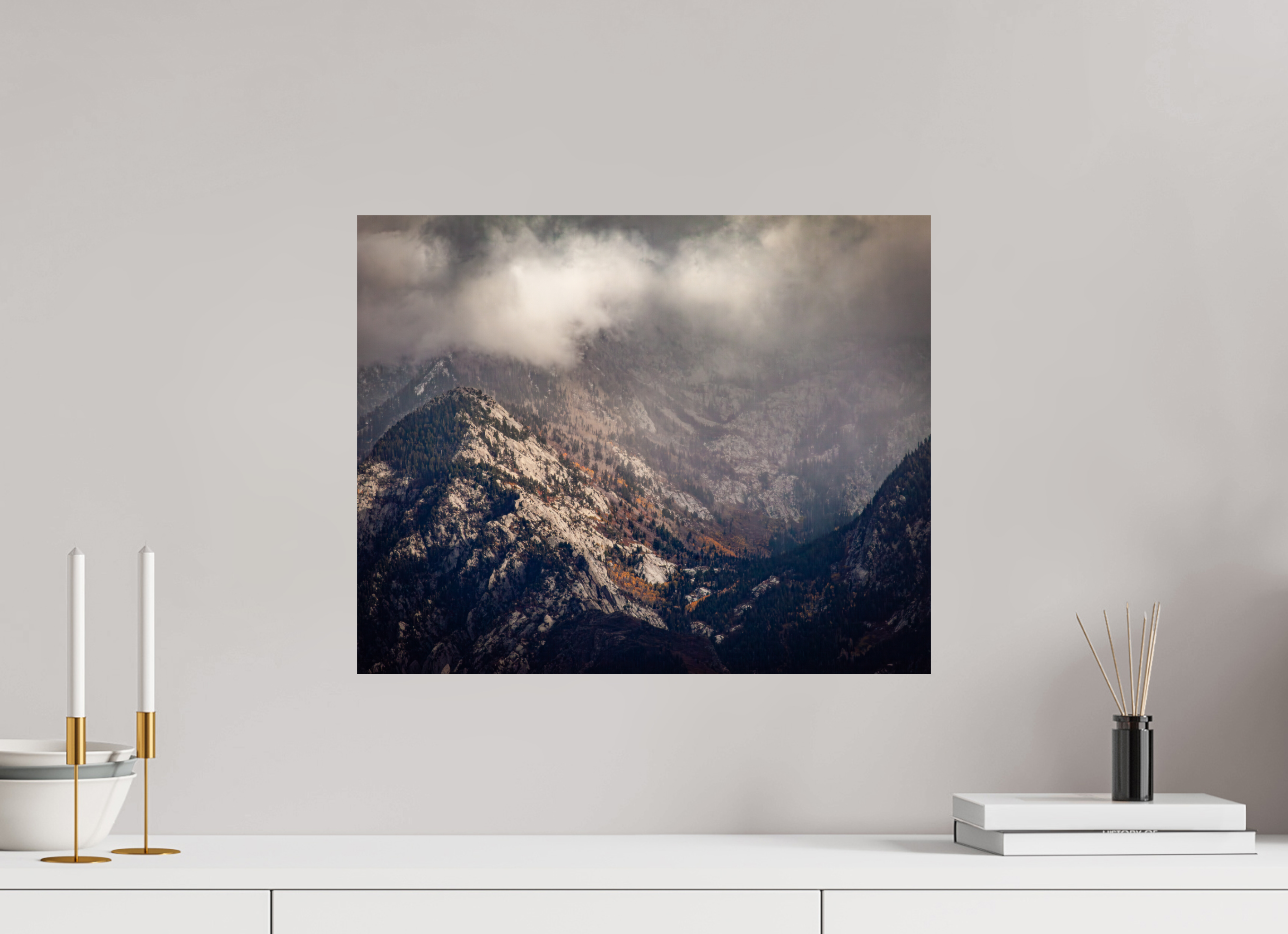 20 x 16″, Photo Print On Fuji Crystal DP II Moody Autumn Mist Over Wasatch Granite Peaks