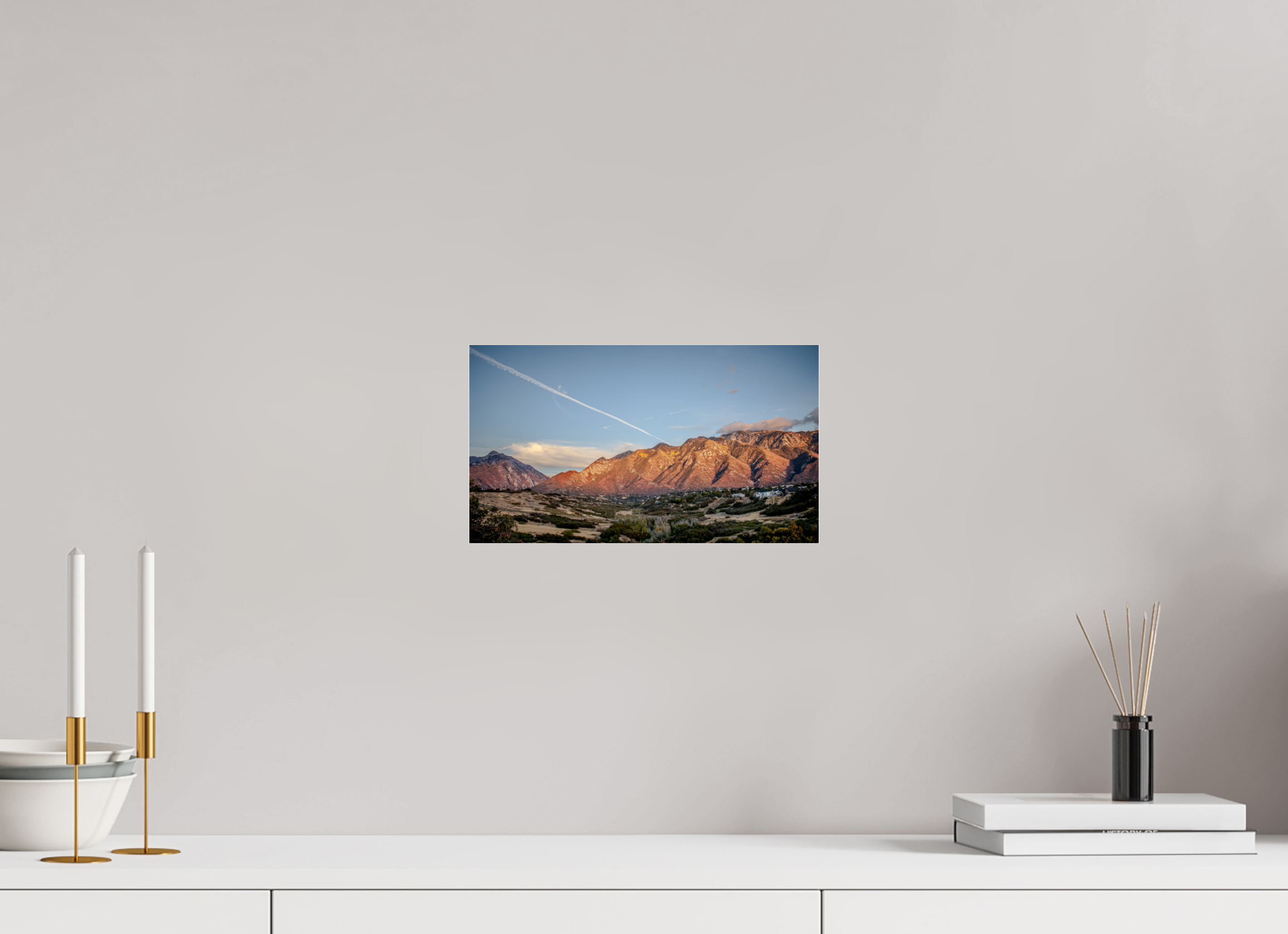 12 x 6.8″, Photo Print Under Acrylic Glass Alpenglow on Wasatch Mountains with Jet Contrail