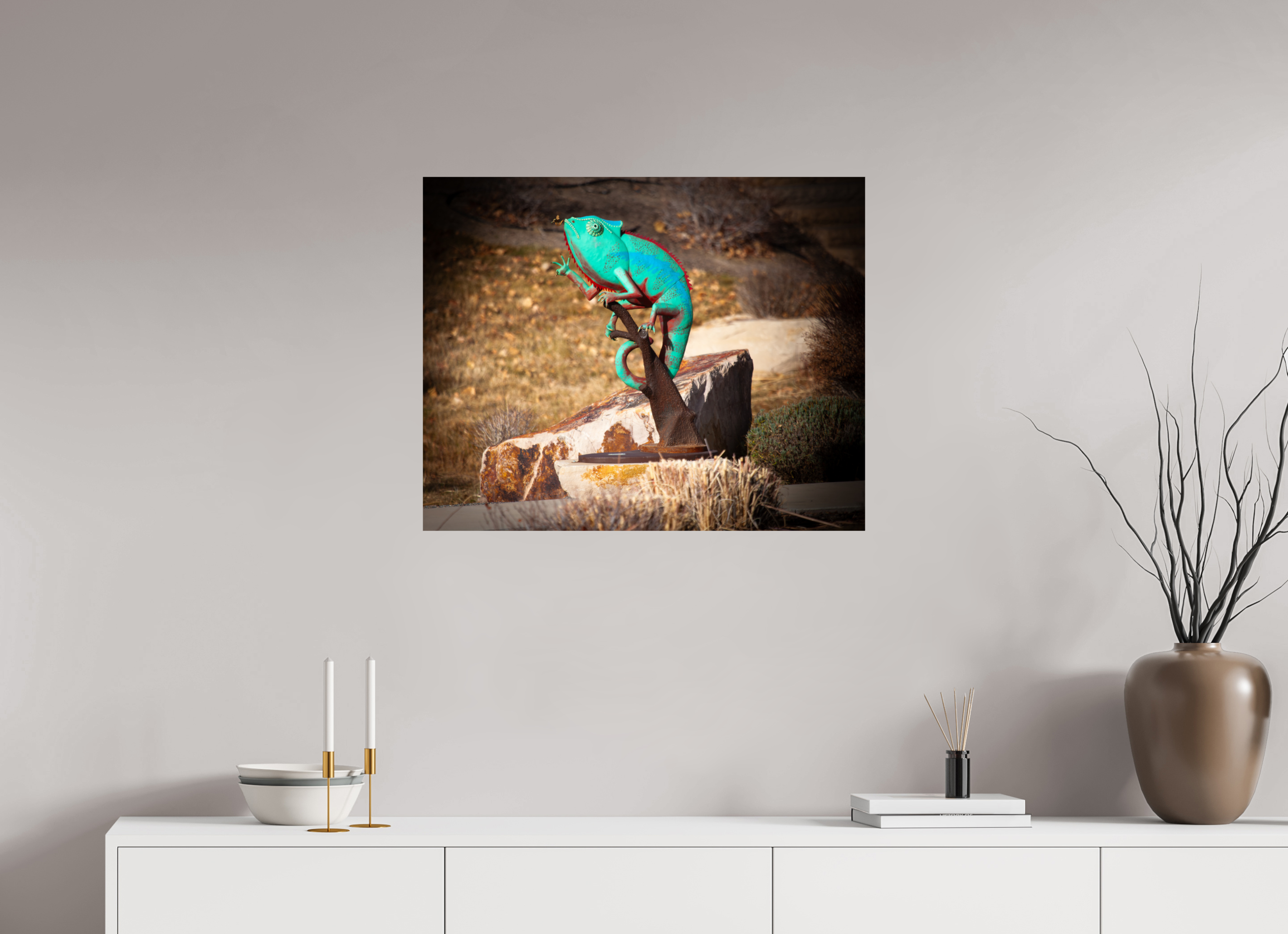 30 x 24″, Photo Print On Fuji Crystal DP II Teal Metal Chameleon Garden Sculpture Salt Lake City