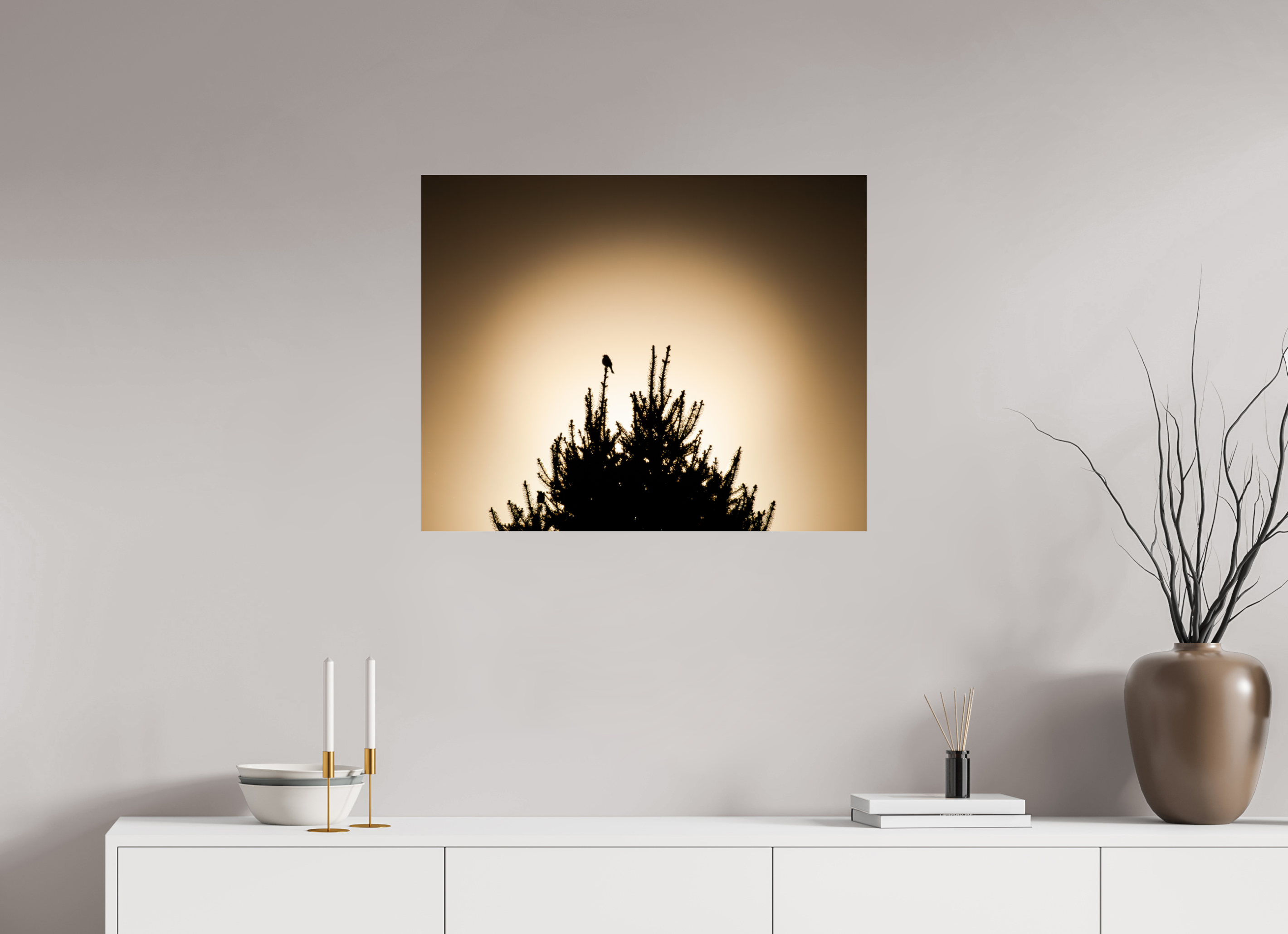 30 x 24″, Photo Print Under Acrylic Glass Bird Silhouette on Evergreen Tree at Sunset Salt Lake City