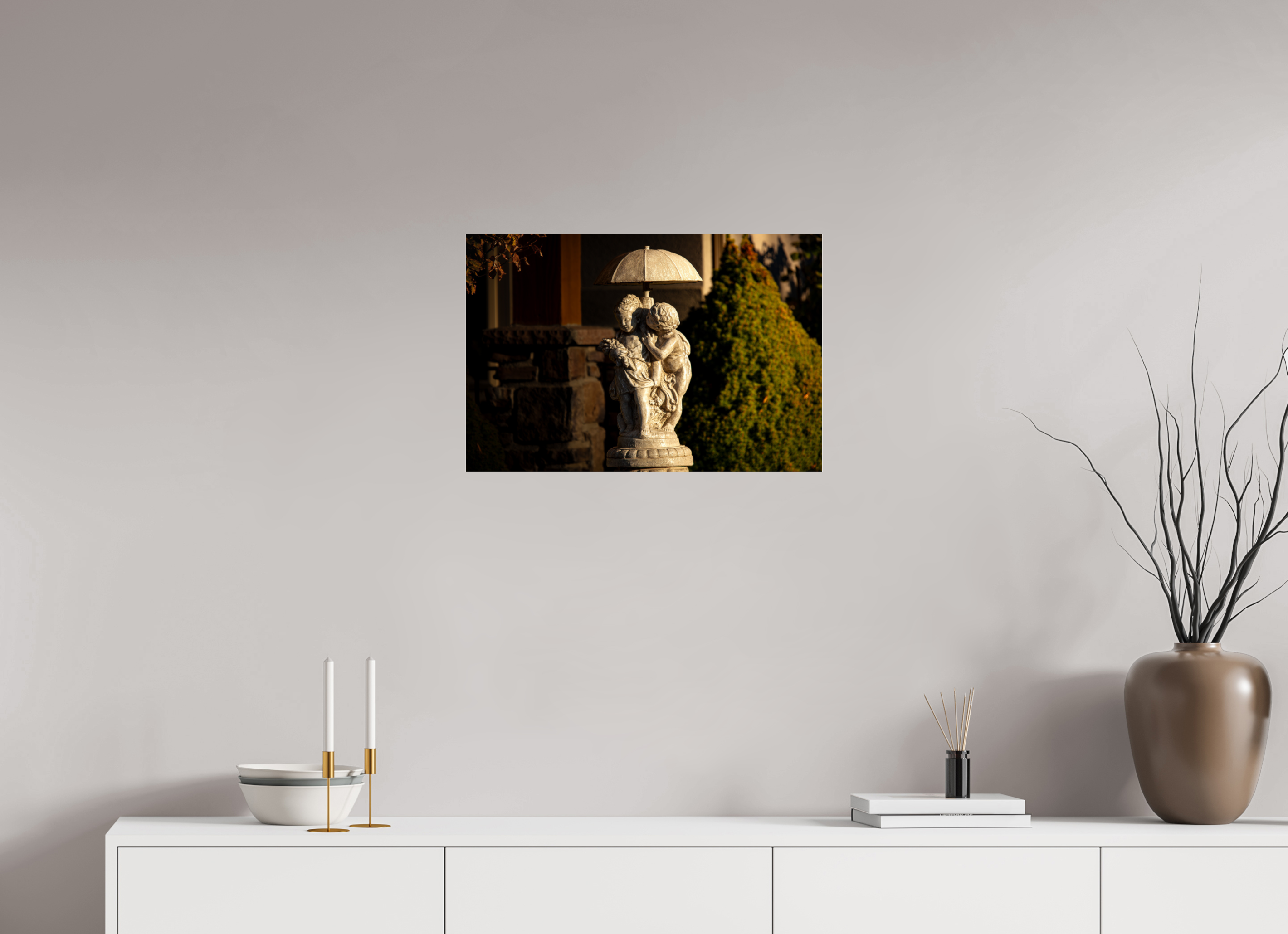 24 x 16″, Photo Print Under Acrylic Glass Children Under Umbrella Garden Statue Salt Lake City