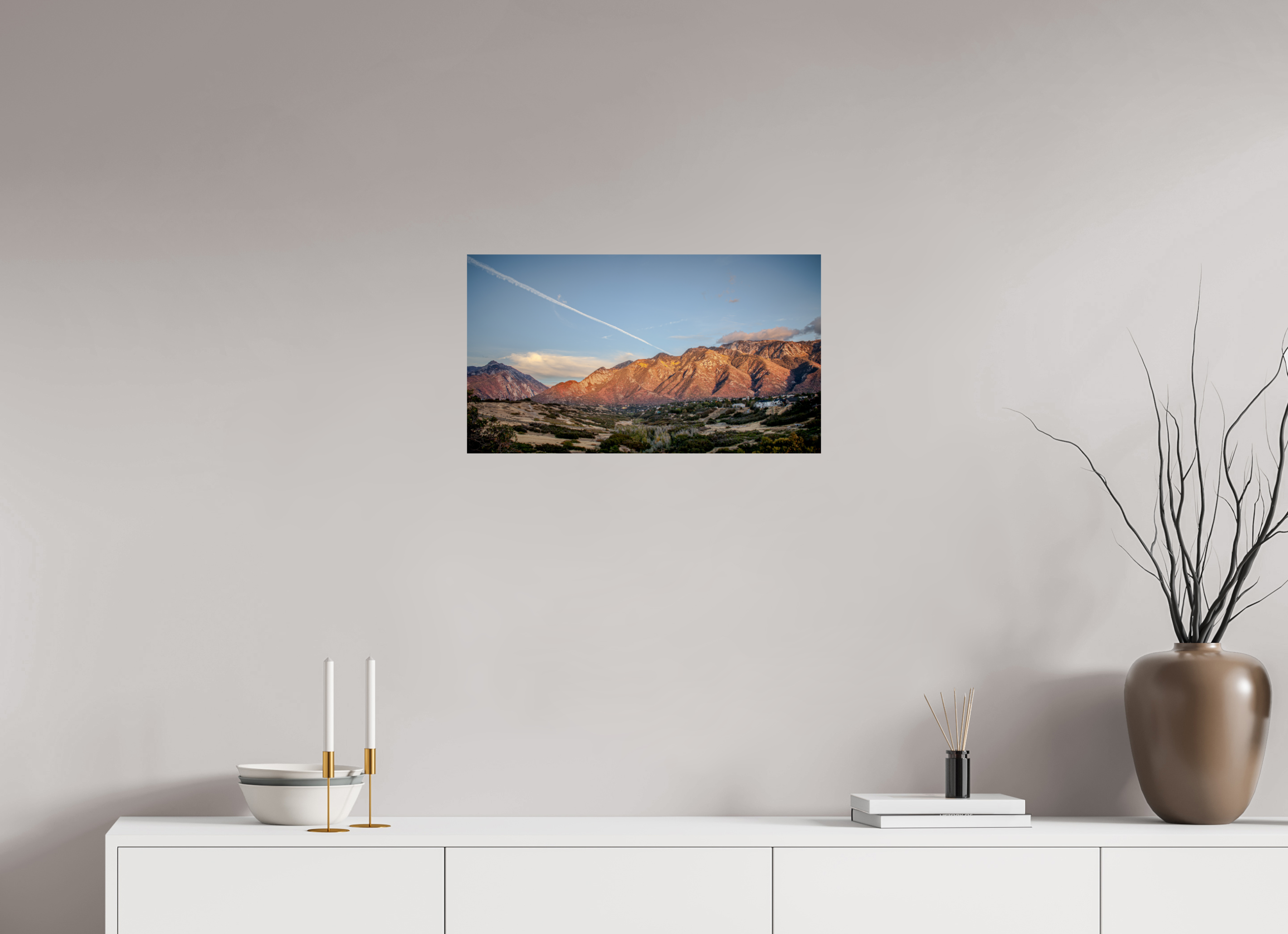 24 x 13.5″, Photo Print On Fuji Crystal DP II Alpenglow on Wasatch Mountains with Jet Contrail