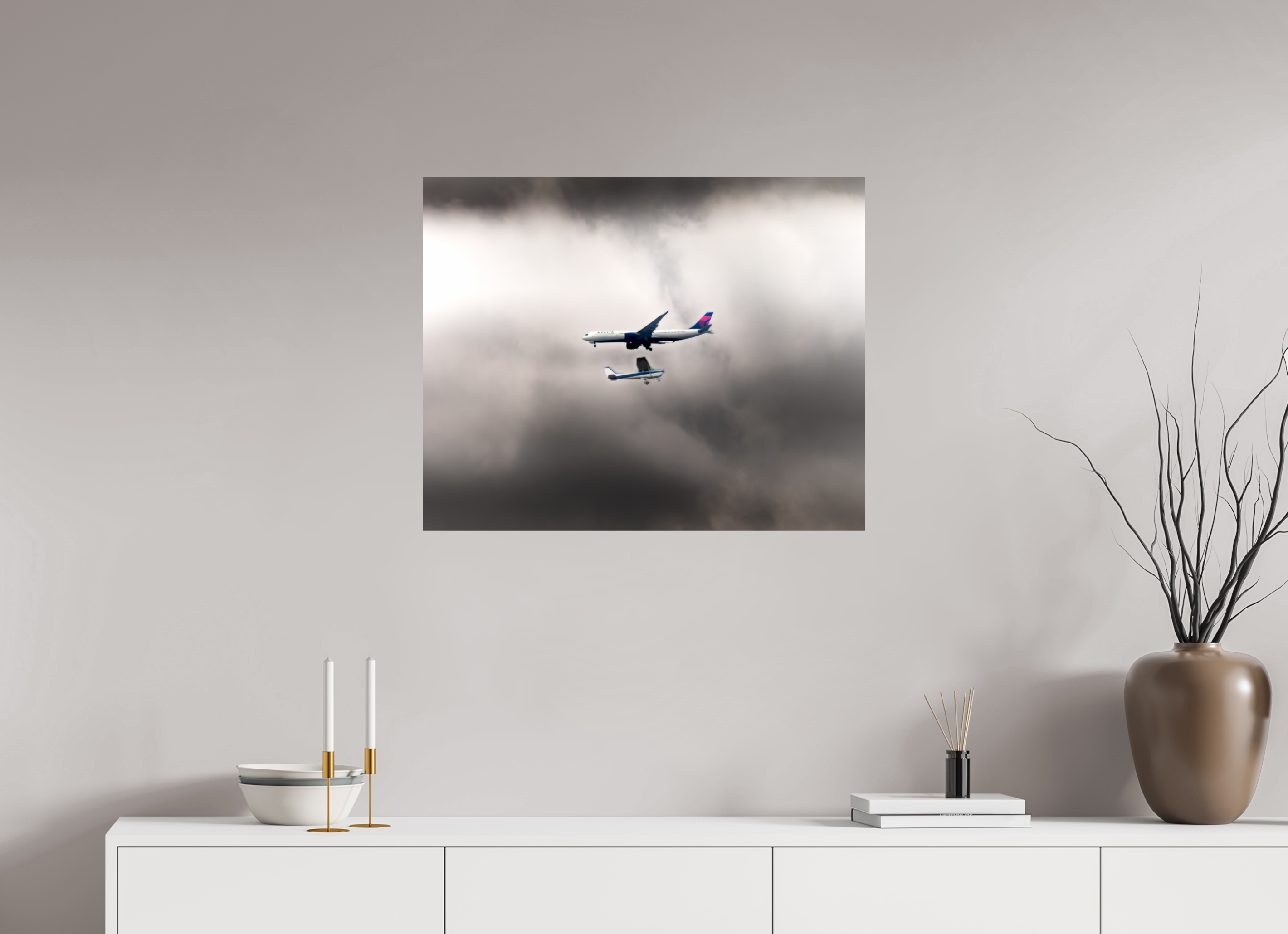 30 x 24″, Photo Print On Fuji Crystal DP II Delta Jet and Cessna Propeller Plane Stormy Sky West Jordan