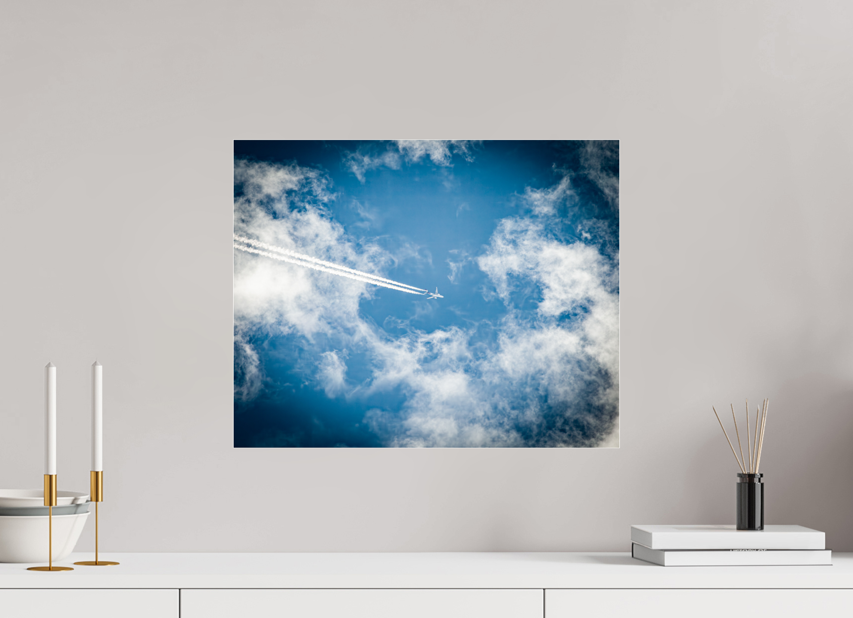 20 x 16″, Photo Print Under Acrylic Glass High-Altitude Jet with Contrails and Wispy Clouds SLC