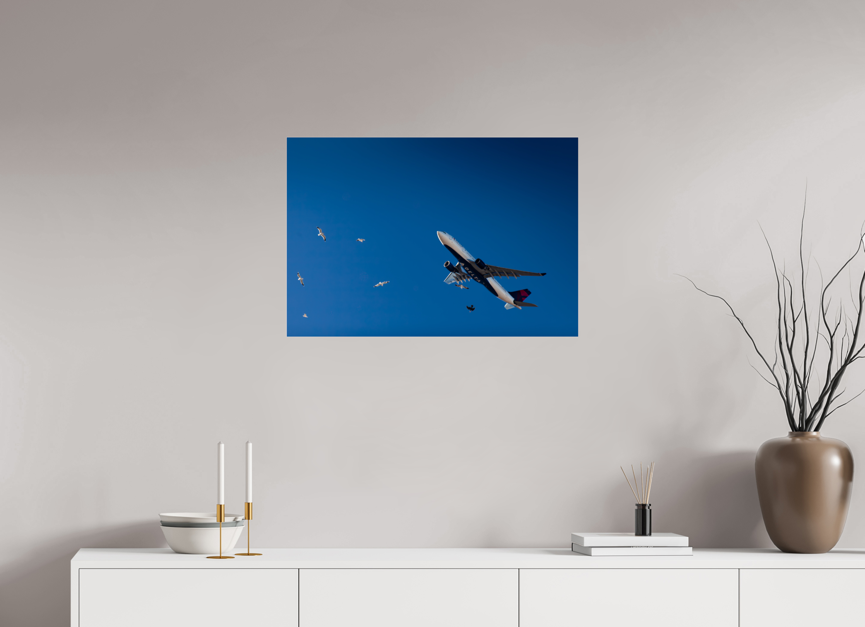 29.3 x 20″, Photo Print Under Acrylic Glass Delta Airplane and Seagulls Flight Salt Lake City