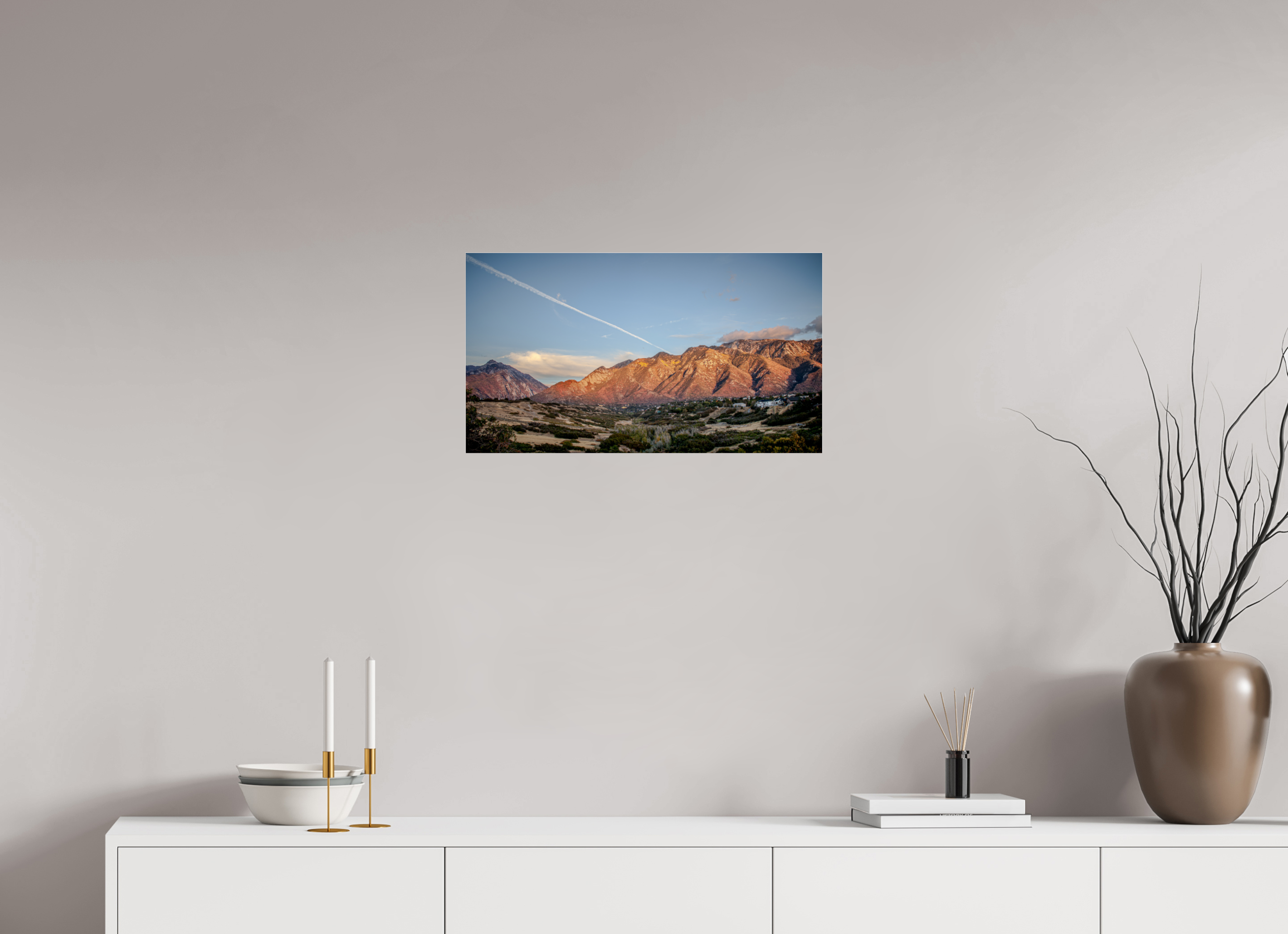 24 x 13.5″, Photo Print Under Acrylic Glass Alpenglow on Wasatch Mountains with Jet Contrail