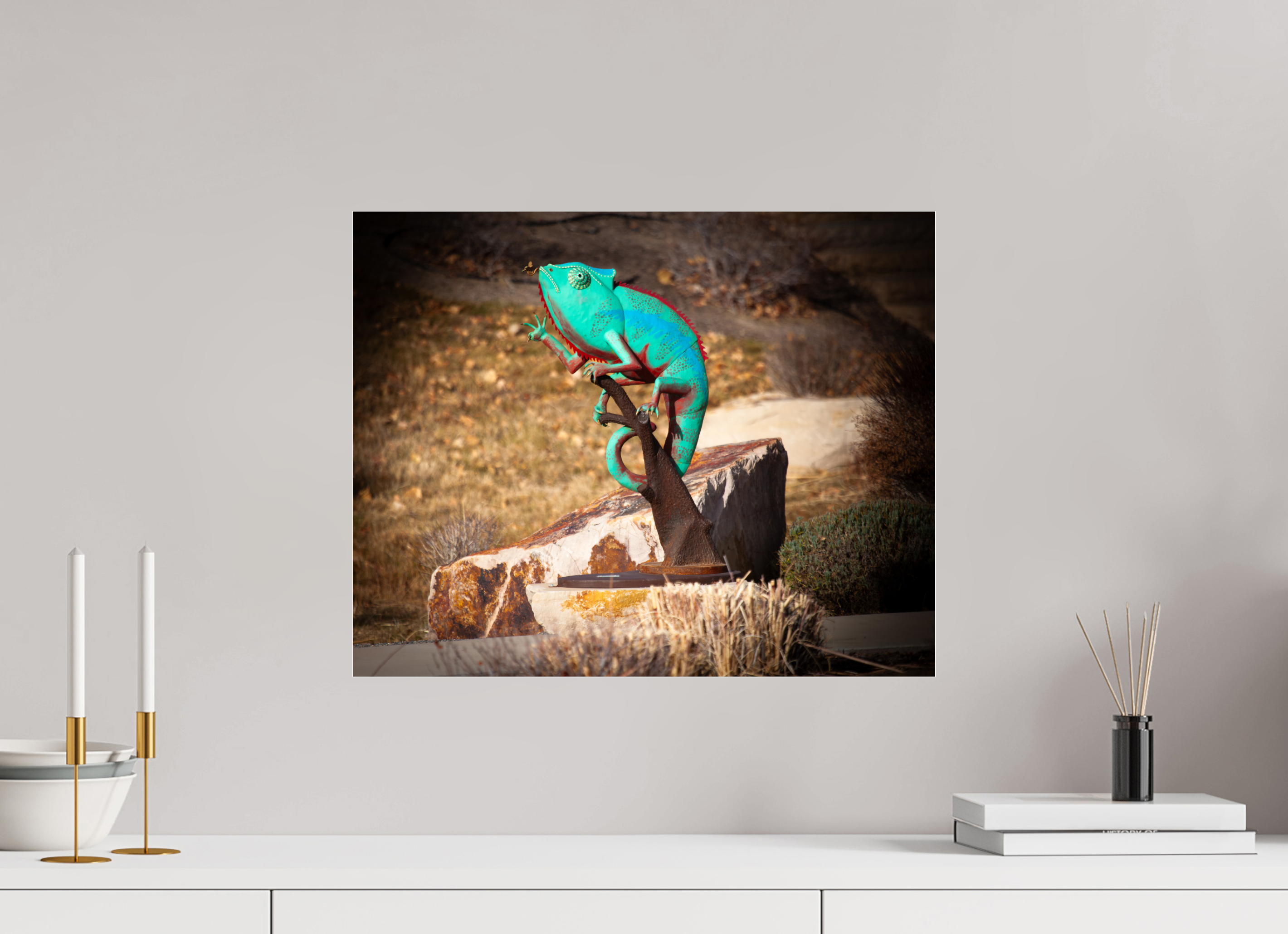 20 x 16″, Photo Print Under Acrylic Glass Teal Metal Chameleon Garden Sculpture Salt Lake City