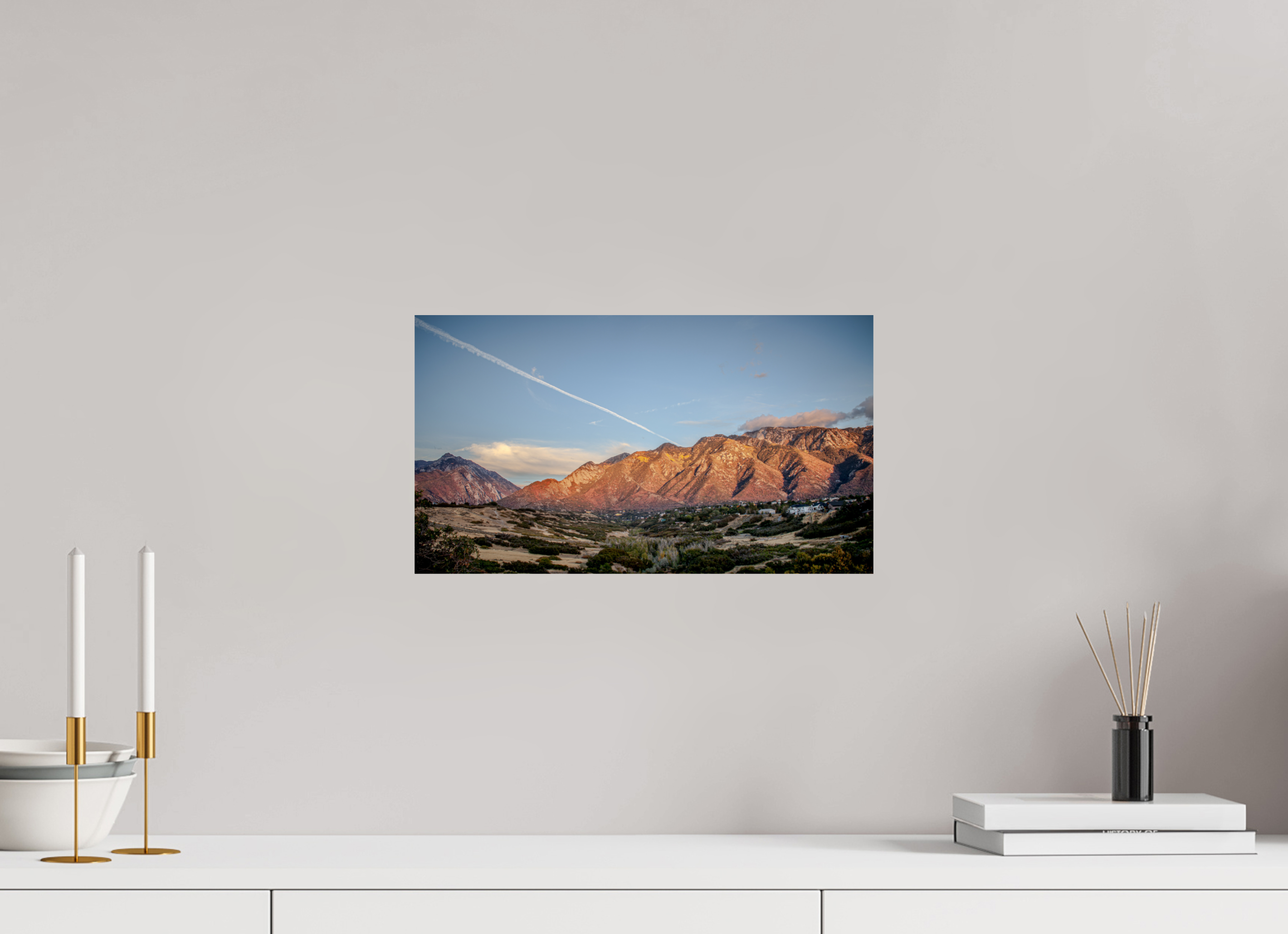 16 x 9″, Photo Print On Fuji Crystal DP II Alpenglow on Wasatch Mountains with Jet Contrail