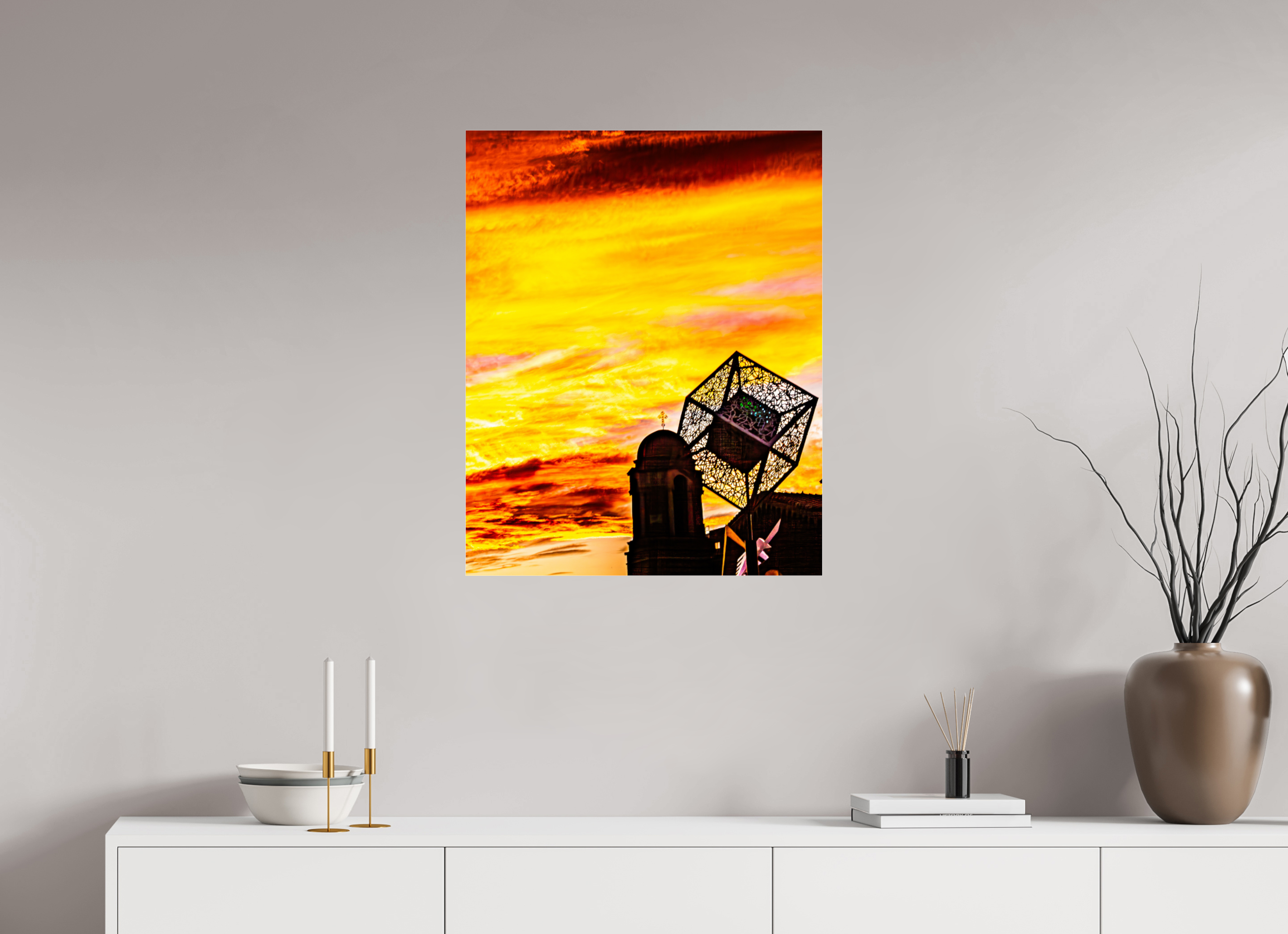 24 x 30″, Photo Print Under Acrylic Glass Fiery Sunset over Salt Lake City Church and Sculpture