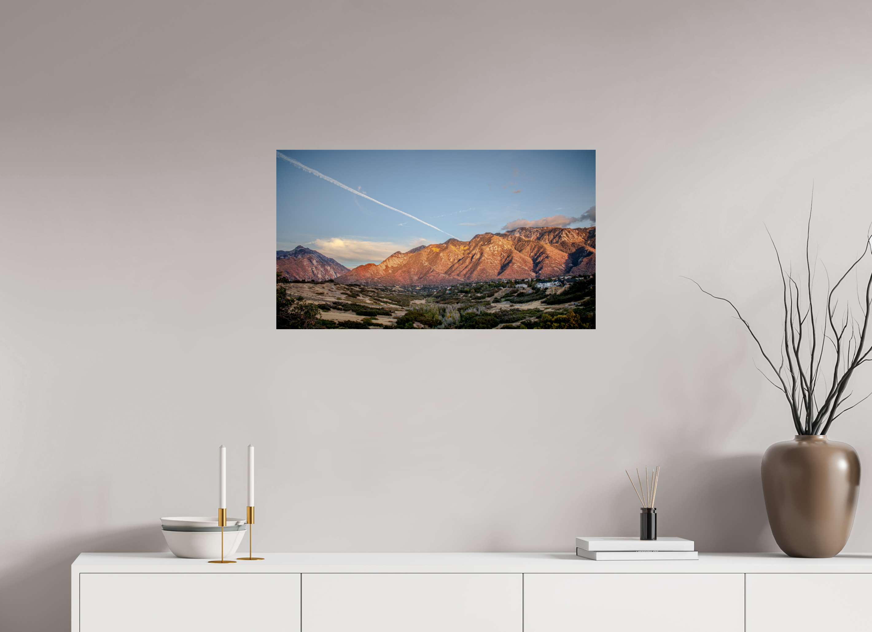 32 x 18″, Photo Print On Fuji Crystal DP II Alpenglow on Wasatch Mountains with Jet Contrail