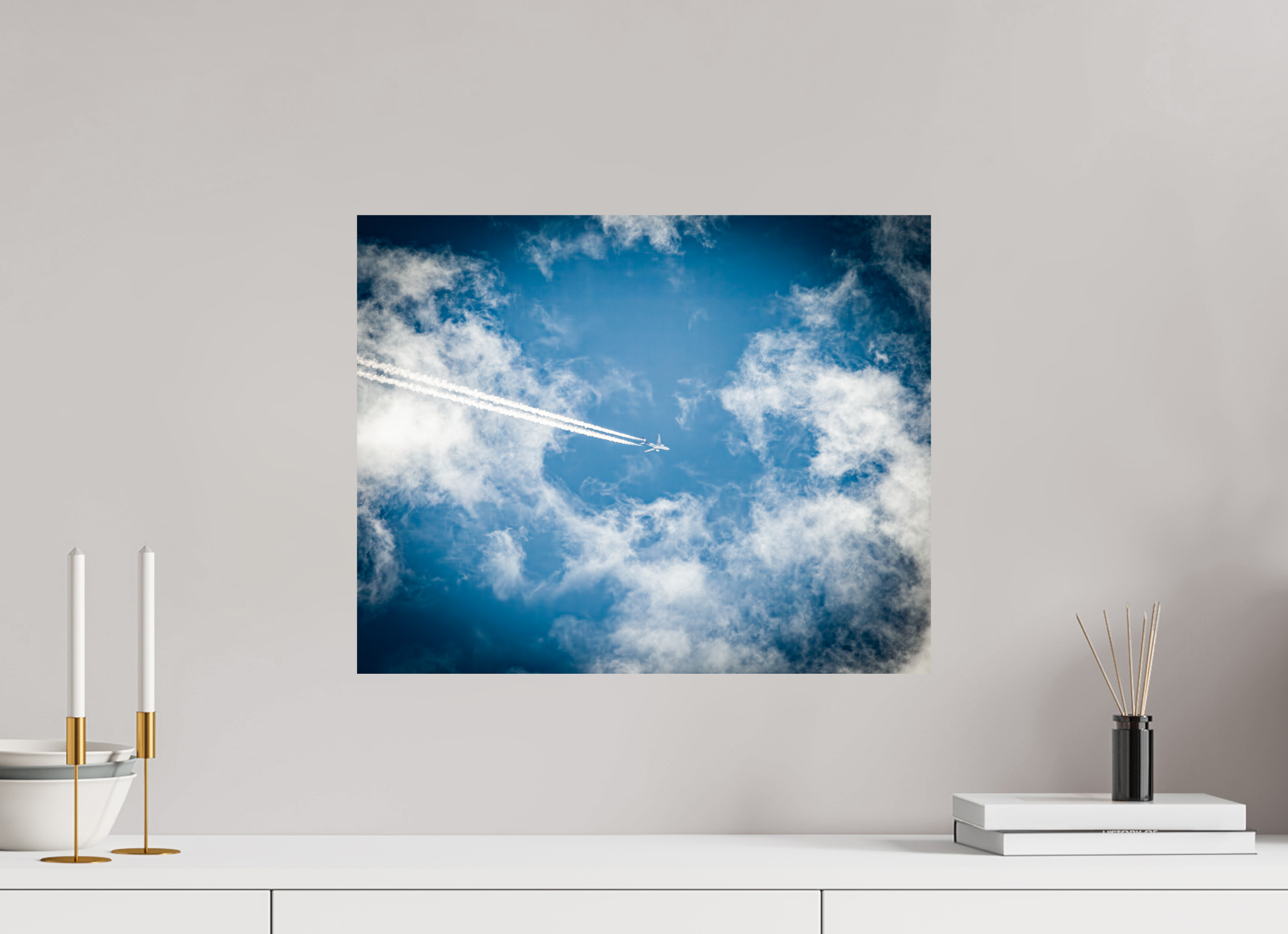 20 x 16″, Photo Print On Fuji Crystal DP II High-Altitude Jet with Contrails and Wispy Clouds SLC
